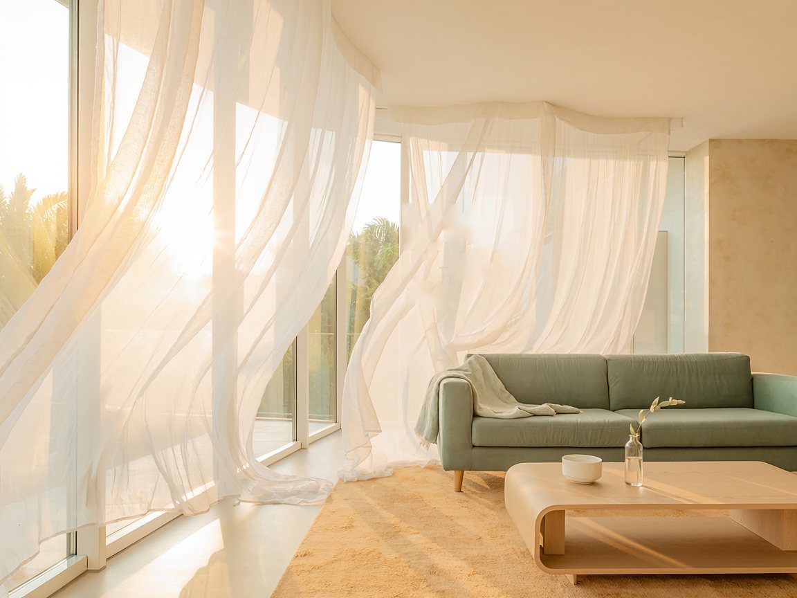 Sheer curtains moving in fresh air beside a sage green sofa in a sunlit living room