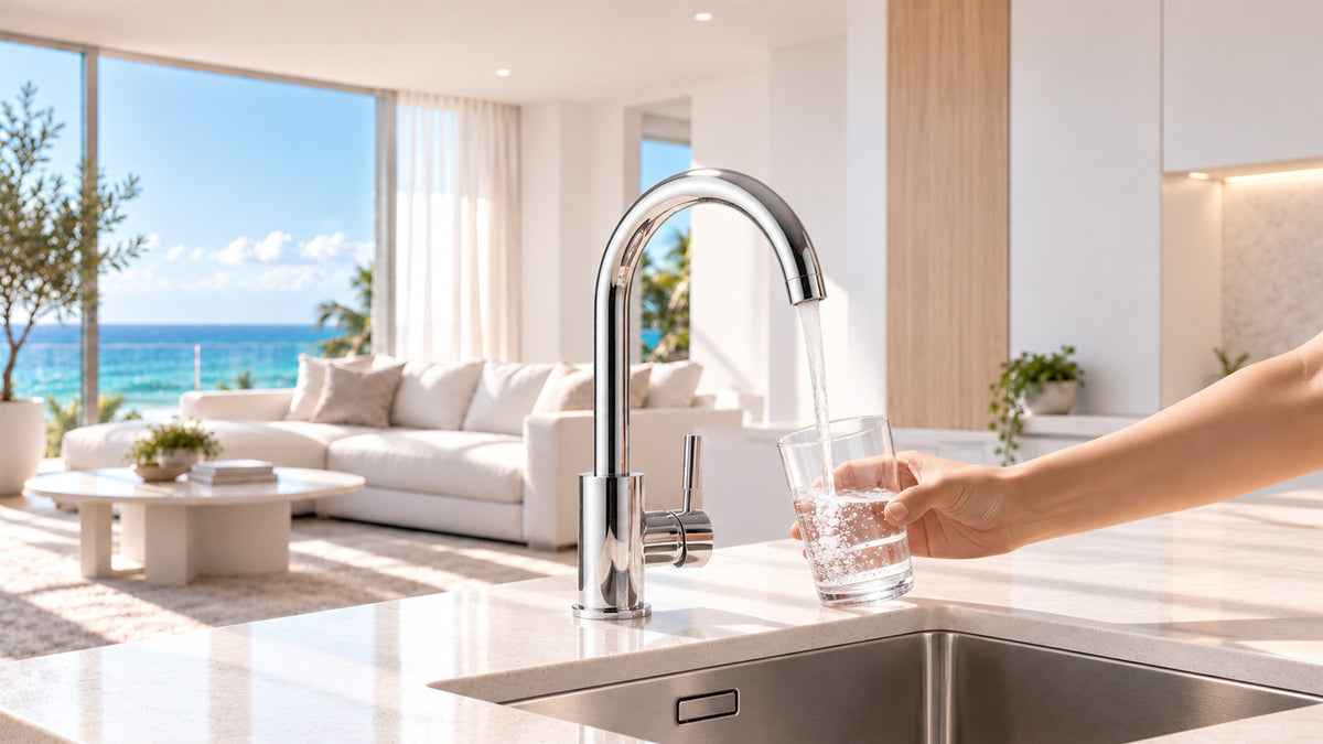 Hand filling a glass with clean water from a chrome kitchen faucet