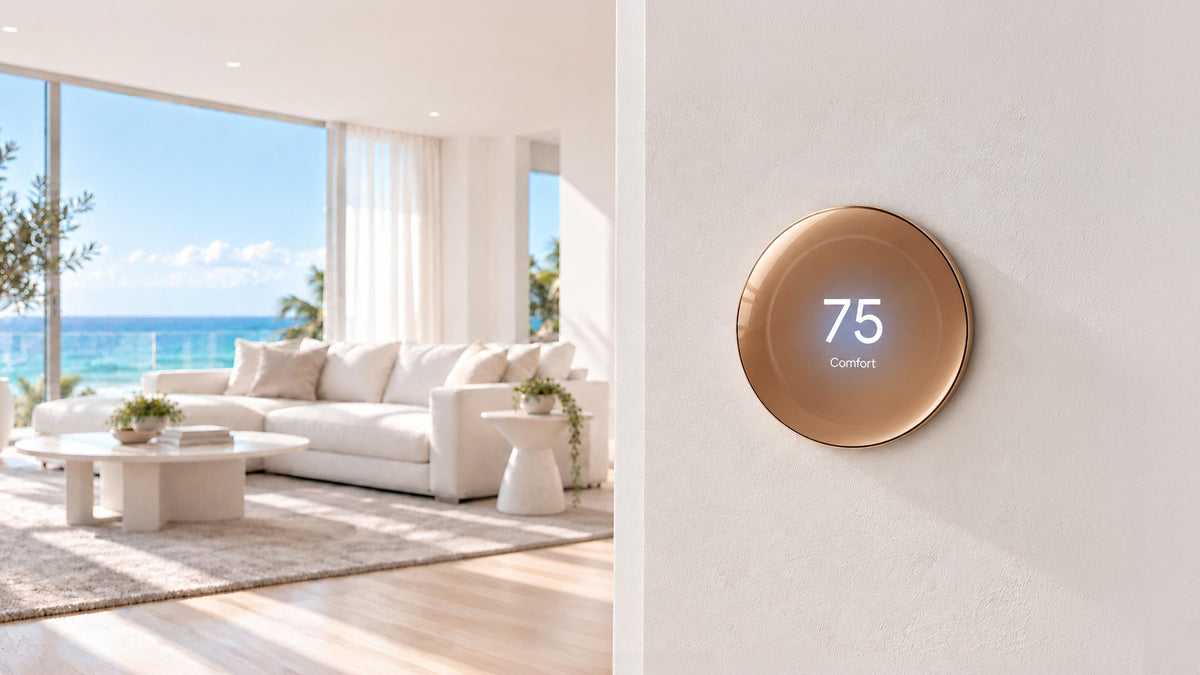 Bronze smart thermostat set to 75 degrees on a white wall in a bright living room