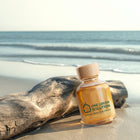 Ocean Aria Signature Scent oil bottle resting on driftwood at the edge of the sea