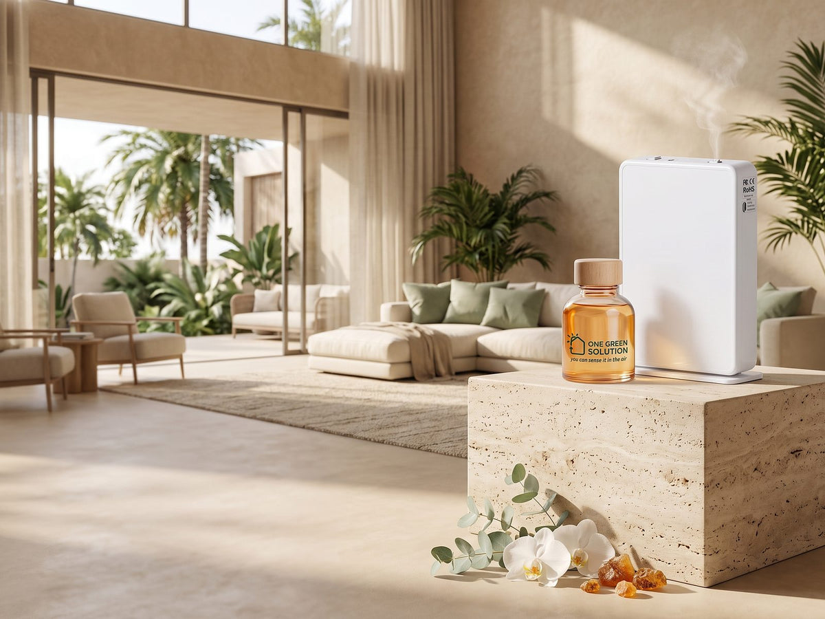 One Green Solution scent oil beside a white diffuser on a travertine block in a bright living room