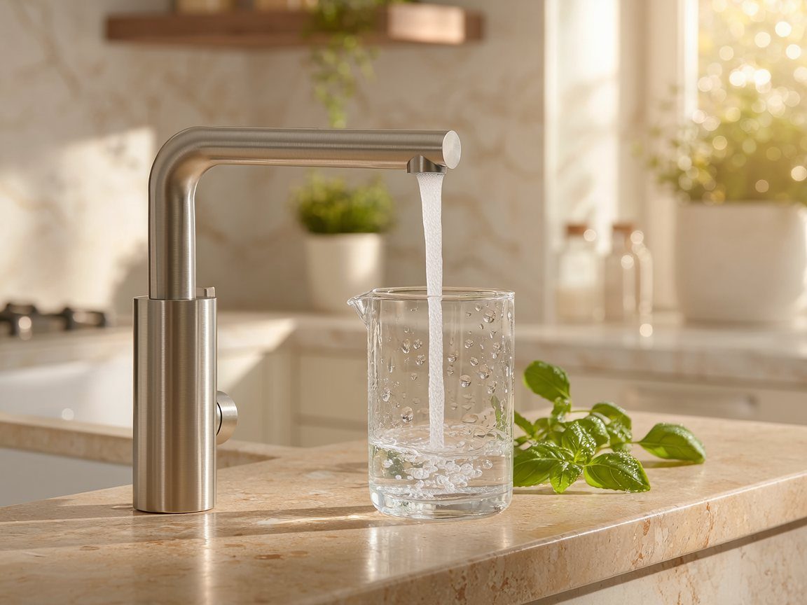 Clean filtered water pouring from a brushed steel faucet into a glass pitcher in a bright kitchen