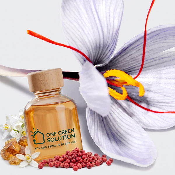 Saffron Suede Signature Scent oil bottle with a saffron flower, pink peppercorns, orange blossom and amber