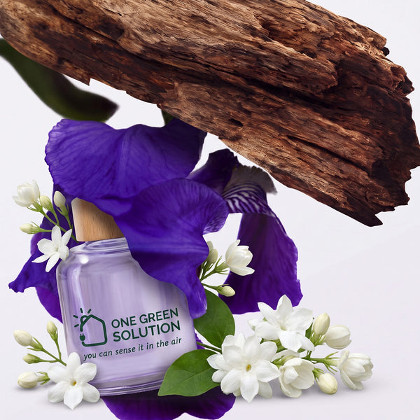 Sensual Wood Signature Scent oil bottle with purple iris, white jasmine and dark wood